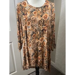 Intro Women 2X Leopard Floral Print 3/4 Sleeve Stretch Tunic‎ Blouse Boho Chic